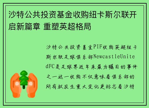 沙特公共投资基金收购纽卡斯尔联开启新篇章 重塑英超格局 沙特公共投资基金收购纽卡斯尔联开启新篇章 重塑英超格局