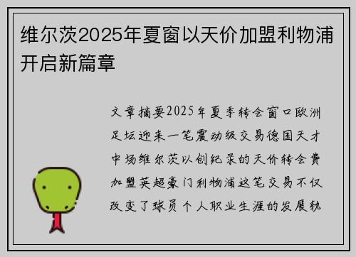 维尔茨2025年夏窗以天价加盟利物浦开启新篇章 维尔茨2025年夏窗以天价加盟利物浦开启新篇章